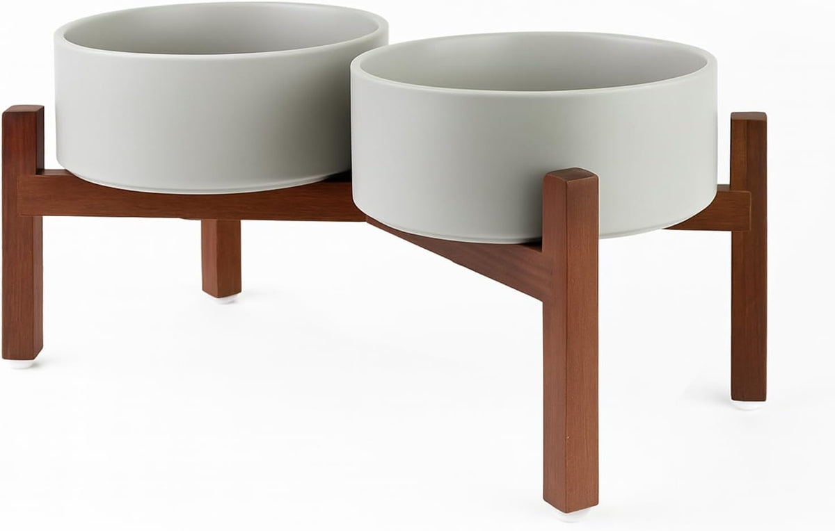 SPUNKYJUNKY Raised Ceramic Dog Bowls Set with Non-Slip Acacia Wood Stand for Medium Sized Dog(42.27