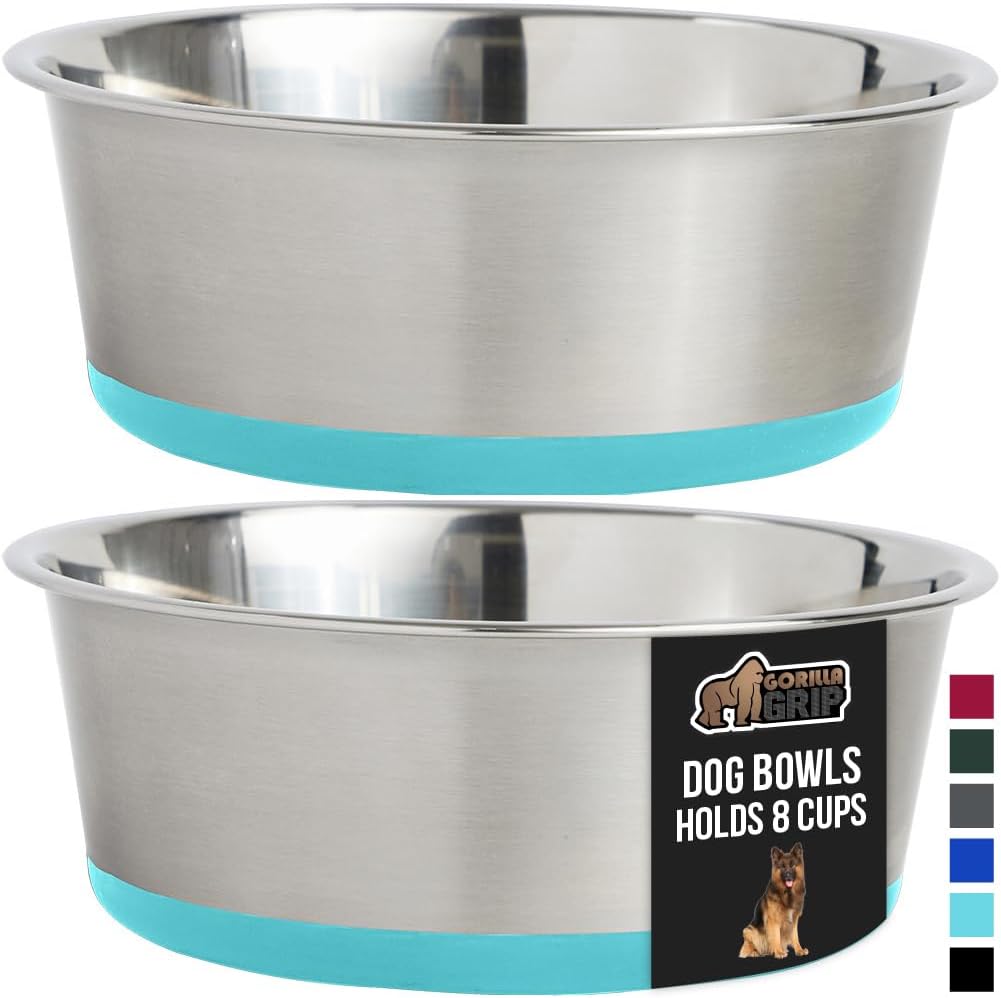 GORILLA GRIP Set of 2 Dog Bowls, Holds 8 Cups (64 fl oz), Heavy Duty Metal Food and Water Bowl for