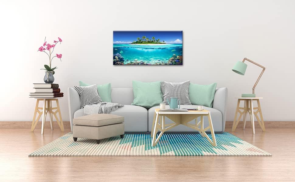 Tropical Island Coral Reef Landscape Canvas Wall Art for Living Room,Unique View Split Waterline