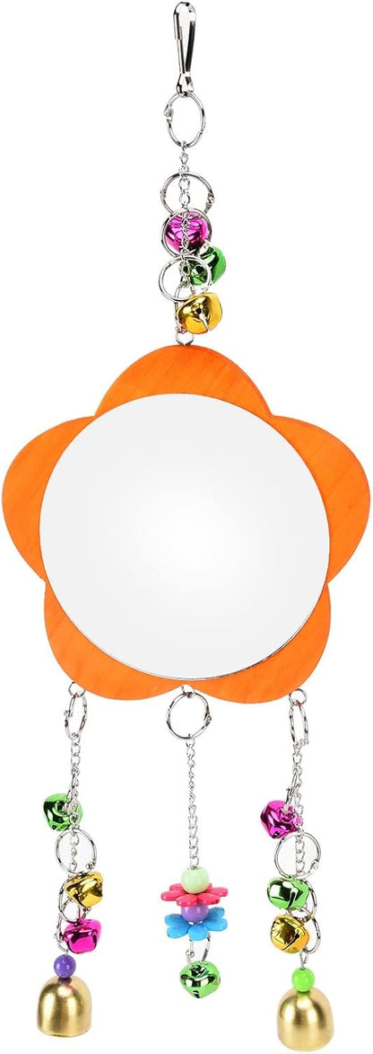 GLOGLOW Bird Mirror Toy, Hanging Parrot Mirror Rooster Toy Mirror with Colored Bells Interactive