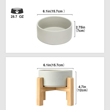 SPUNKYJUNKY Ceramic Elevated Dog Bowls 2 Pack - 6.1inch Raised Dog Bowls with Non-Slip Wooden Stand