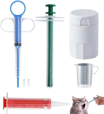 Cat Pill Shooter 5-in-1 Kit, Pet Pill Cutter and Crusher for Cats and Dogs, Dog Tablet Soft Tip
