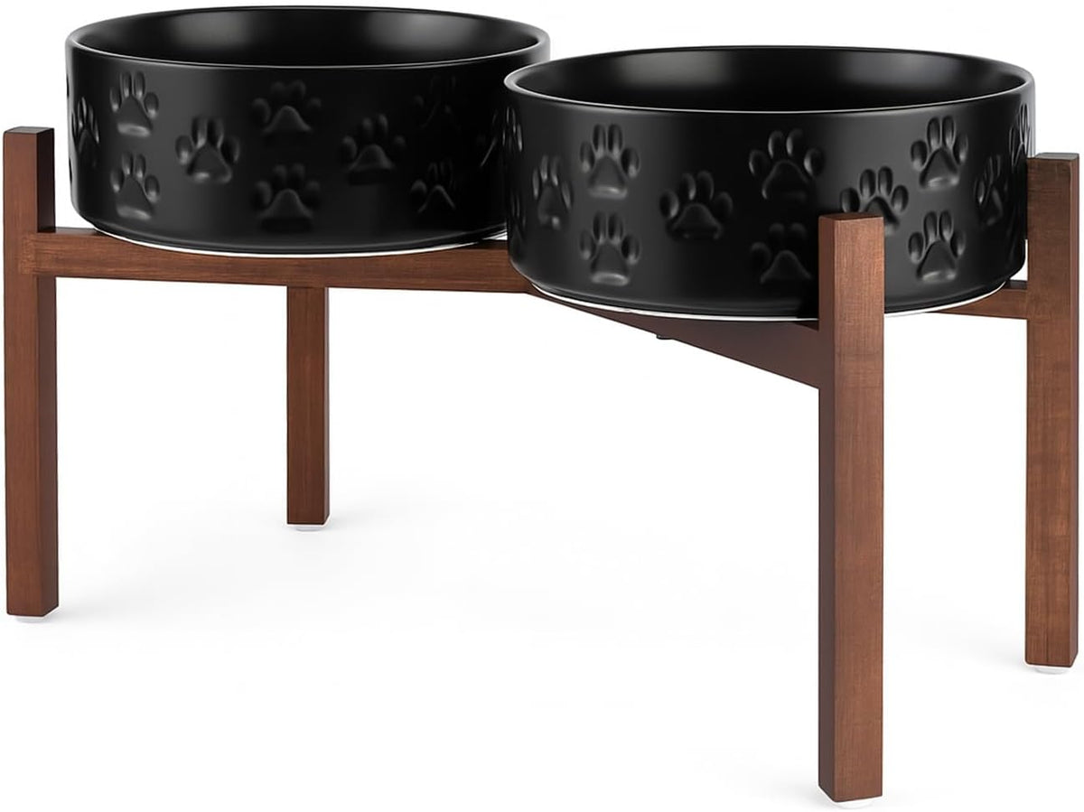 SPUNKYJUNKY Ceramic Elevated Dog Bowl Set with Acacia Wood Stand for Food and Water for Large Dogs