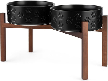 SPUNKYJUNKY Ceramic Elevated Dog Bowl Set with Acacia Wood Stand for Food and Water for Large Dogs