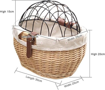 Bike Pet Basket, Wicker Bike Basket for Small Dogs Cats Pet Carrier Front Basket with Wire Mesh