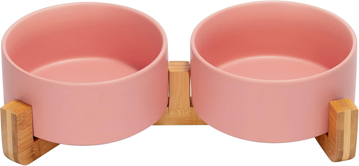 SPUNKYJUNKY Ceramic Dog and Cat Bowl with Wood Stand Non-Slip Matte Glaze Weighted Food Water Set