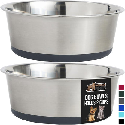GORILLA GRIP Set of 2 Dog Bowls, Heavy Duty Metal Food and Water Bowl for Feeding Dogs and Cats
