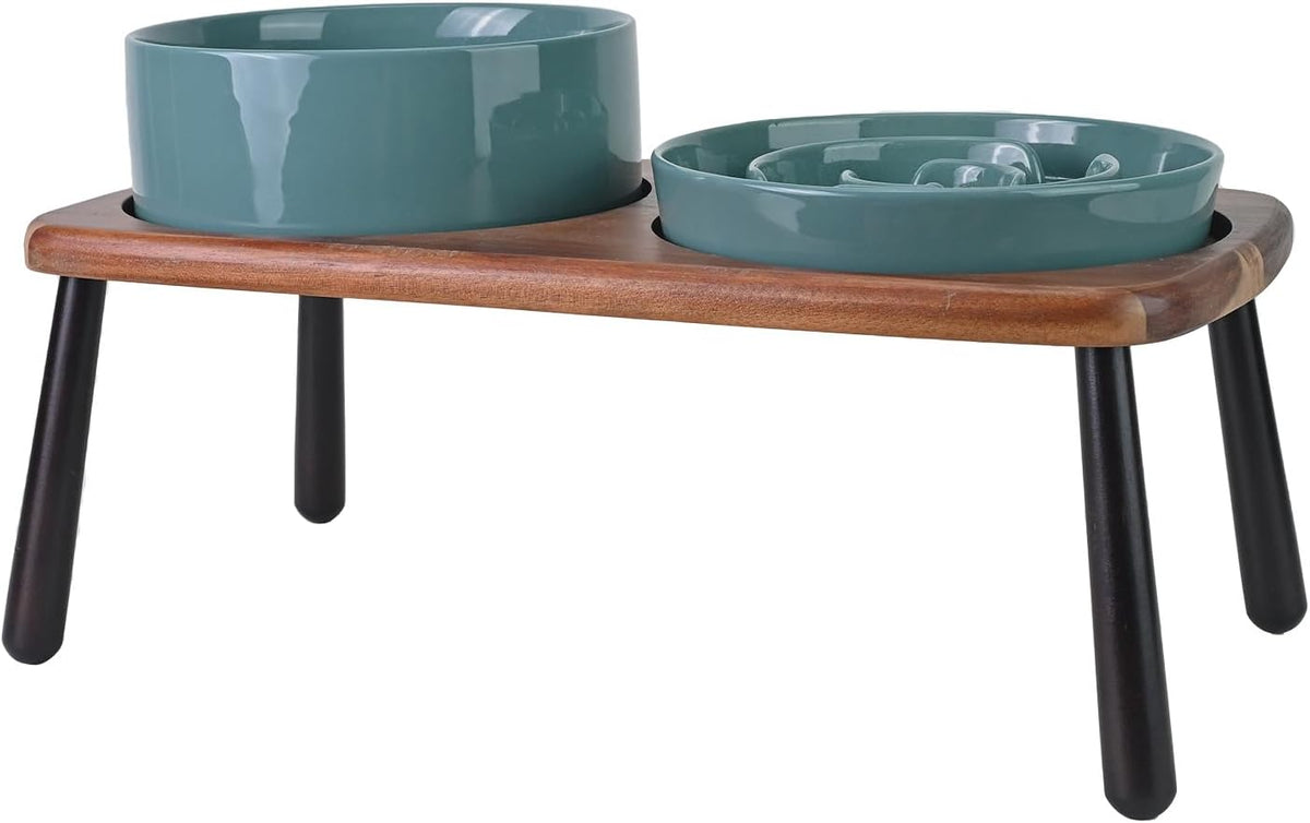 SPUNKYJUNKY Ceramic Elevated Dog Bowls with Slow Feeder Raised Acacia Bamboo Wooden Stand, 8.3''
