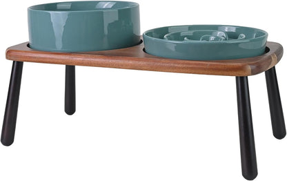 SPUNKYJUNKY Ceramic Elevated Dog Bowls with Slow Feeder Raised Acacia Bamboo Wooden Stand, 8.3''