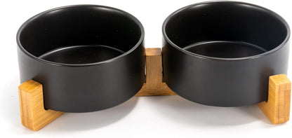 SPUNKYJUNKY Ceramic Dog and Cat Bowl Set with Wooden Stand, Modern Cute Weighted Food Water Set for