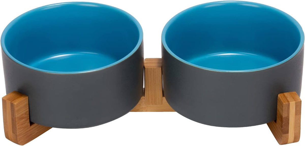 SPUNKYJUNKY Ceramic Dog and Cat Bowl Set with Wooden Stand, Modern Cute Weighted Food Water Set for