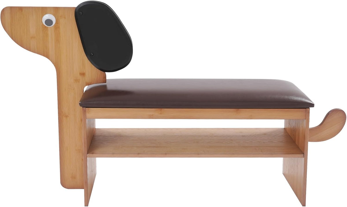 Cute Dog Shoe Bench with Cushion, 51.6”L x 11.8”W Puppy Shoe Storage Bench Dark Brown 2-Tire Bamboo