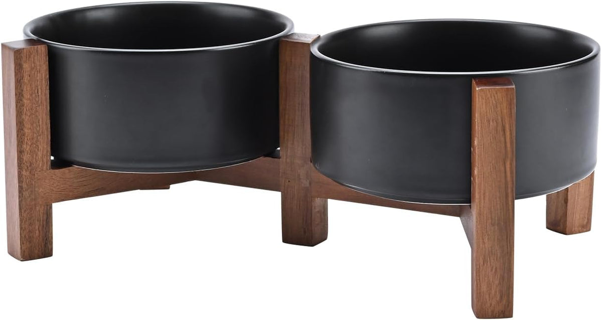 SPUNKYJUNKY Ceramic Dog Bowls with Acacia Wood Stand - Raised Dog Food and Water Bowl Set for