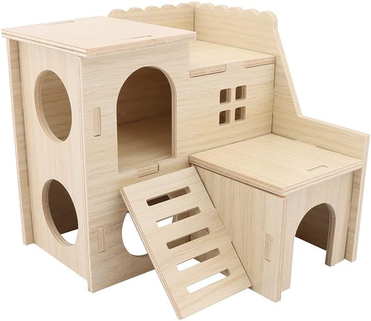 Tiny Hamster Maze Wood House Fun Slide House Double-Decker Hut for Dwarf Gerbil Mouse Mice Rat