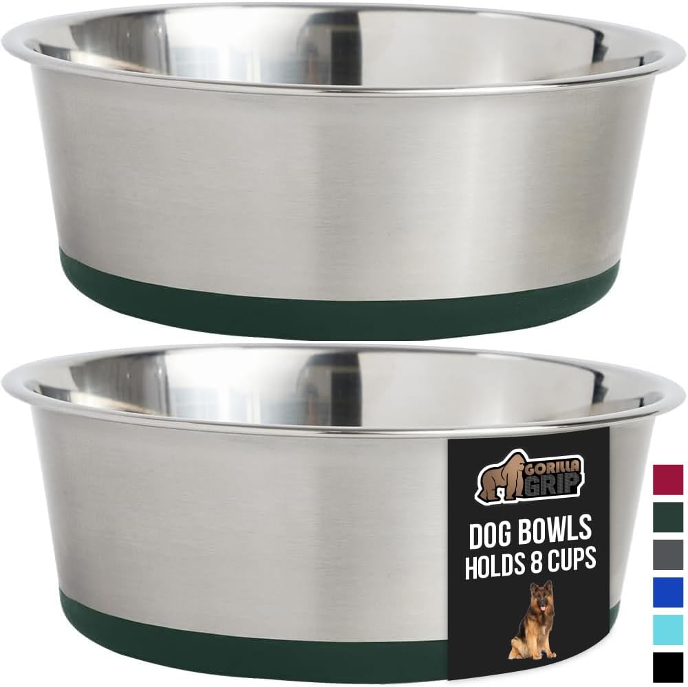 GORILLA GRIP Set of 2 Dog Bowls, Holds 8 Cups (64 fl oz), Heavy Duty Metal Food and Water Bowl for