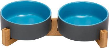 SPUNKYJUNKY Ceramic Dog and Cat Bowl Set with Wooden Stand, Modern Cute Weighted Food Water Set for