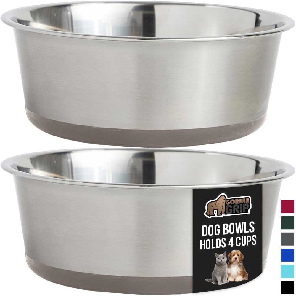 GORILLA GRIP Set of 2 Dog Bowls, Holds 4 Cups (32 fl oz), Heavy Duty Metal Food and Water Bowl for