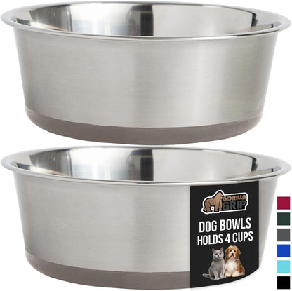 GORILLA GRIP Set of 2 Dog Bowls, Holds 4 Cups (32 fl oz), Heavy Duty Metal Food and Water Bowl for