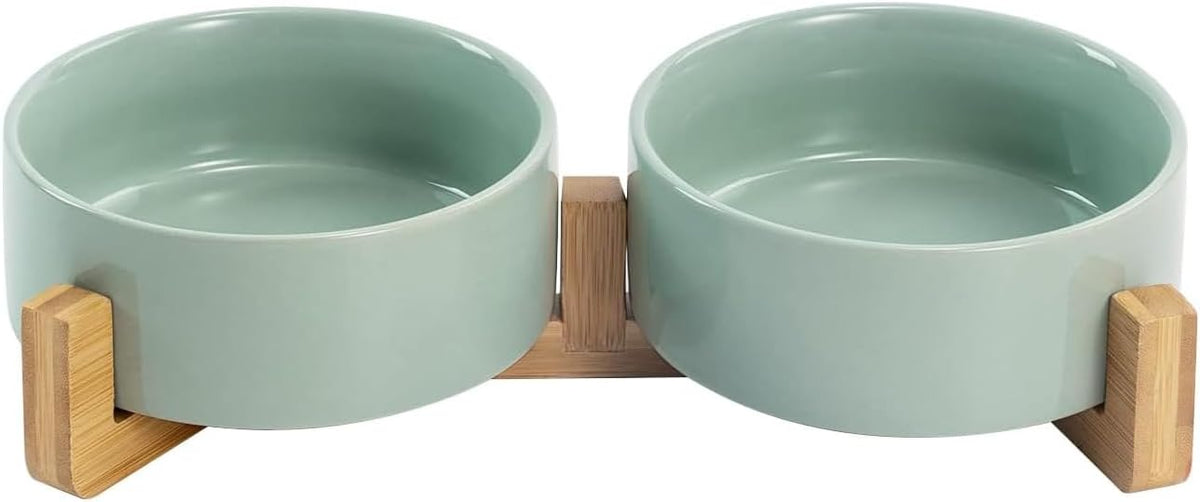 SPUNKYJUNKY Ceramic Dog and Cat Bowl Set with Wooden Stand, Modern Cute Weighted Food Water Set for