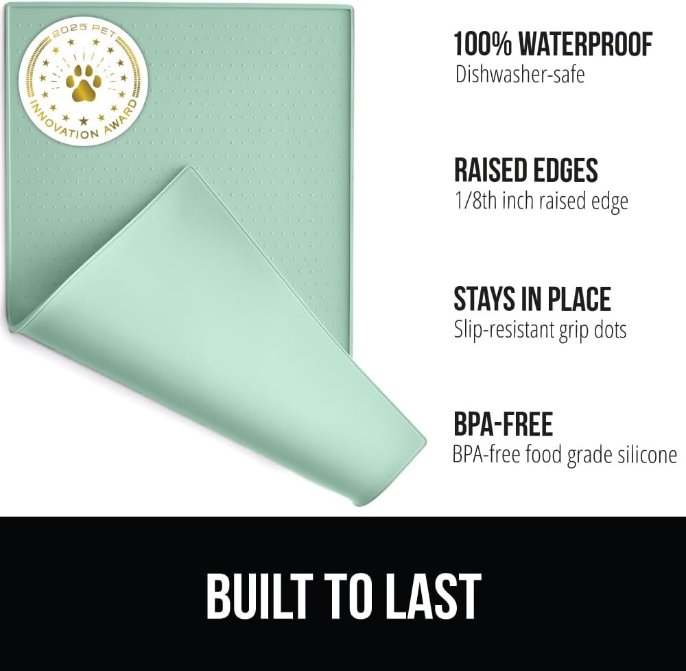 GORILLA GRIP 100% Waterproof Raised Edge BPA Free Silicone Pet Feeding Mat, Dog Cat Food Mats