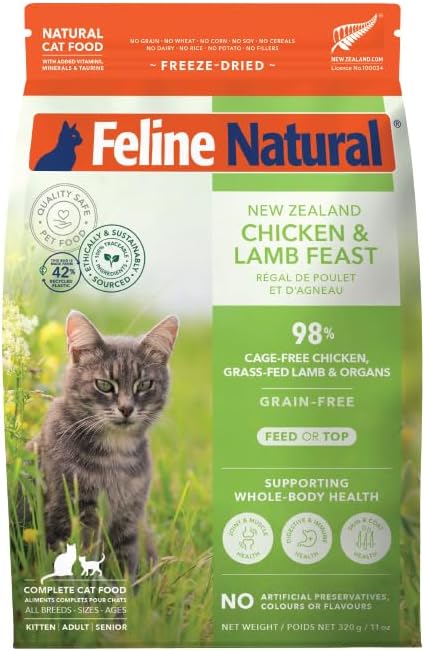 Feline Natural High Protein Dry Cat Food, Freeze-Dried Diet with 98% Meat, Organs & Seafood, No