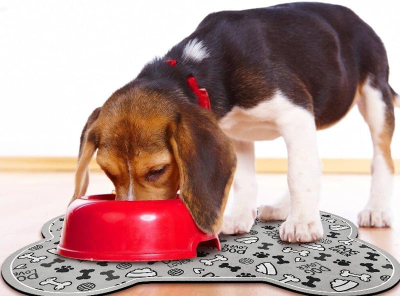 Dog Food Mats for Floors Waterproof, Pet Feeding Absorbent Water Bowl Mat Cat Placemats Gray Bone