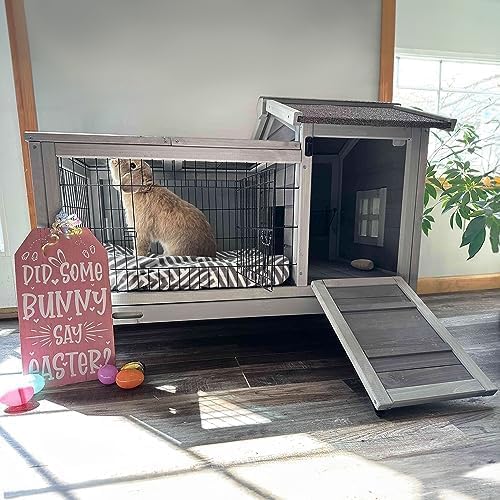 Aivituvin Wooden Rabbit Hutch with Removable Wire Floor Grid, Bunny Cage with Deeper Leakproof Tray
