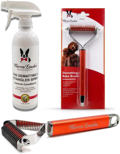 Warren London Dog Mat Remover Combo | Detangling Spray 16oz & Rake Brush | Tackles Tangles, Knots &