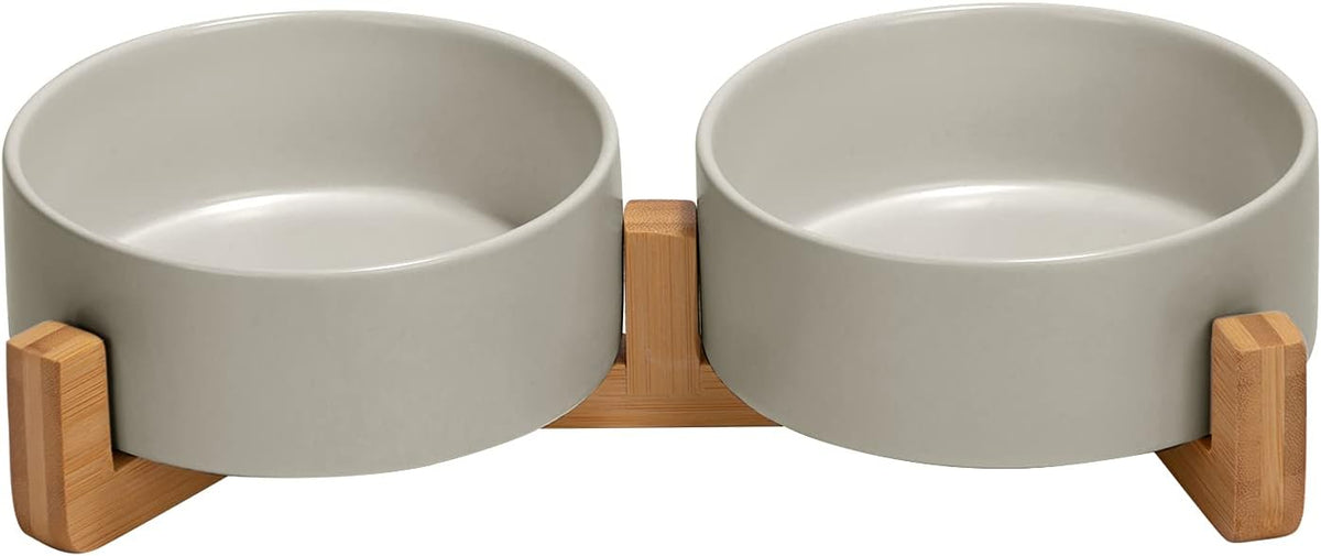 SPUNKYJUNKY Ceramic Dog and Cat Bowl with Wood Stand Non-Slip Matte Glaze Weighted Food Water Set