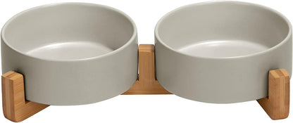 SPUNKYJUNKY Ceramic Dog and Cat Bowl with Wood Stand Non-Slip Matte Glaze Weighted Food Water Set