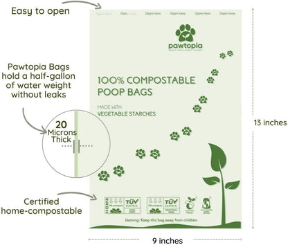 Pawtria Certified Home Compostable Dog Poop Bags (240) + Kraft Paper Dispenser, Biodegradable Poop