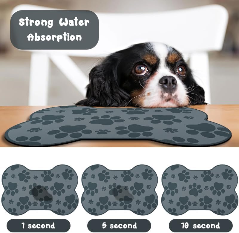 Dog Food Mats for Floors Waterproof, Pet Feeding Absorbent Water Bowl Mat Cat Placemats Gray Bone