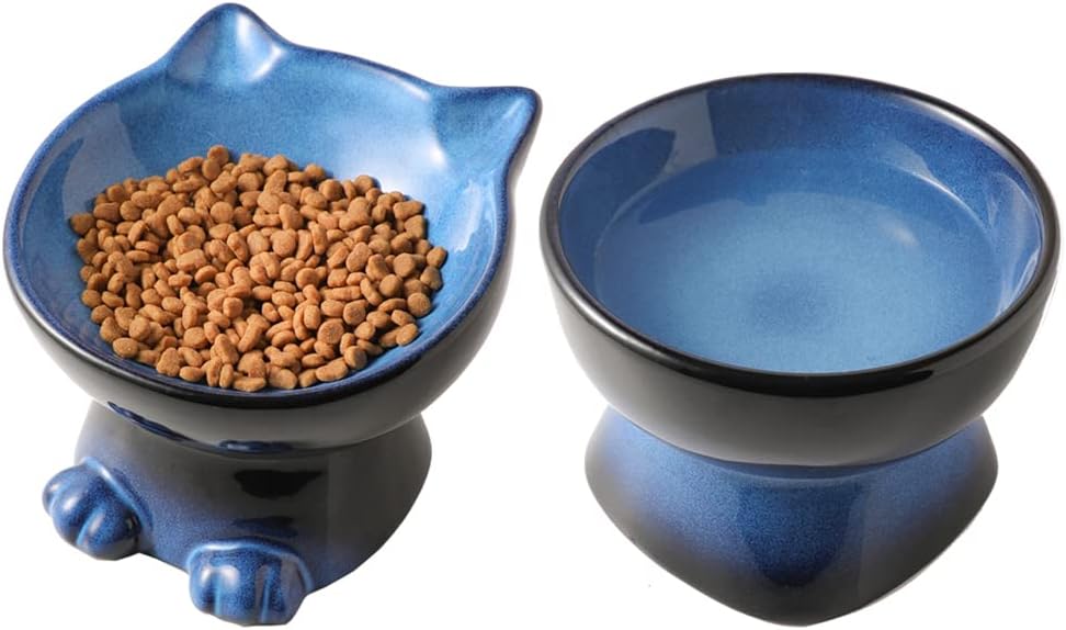 Nihow Elevated Cat/Dog Bowls Set : 6.2 Inch Ceramic Raised Cat Food & Water Bowl Set for Protecting