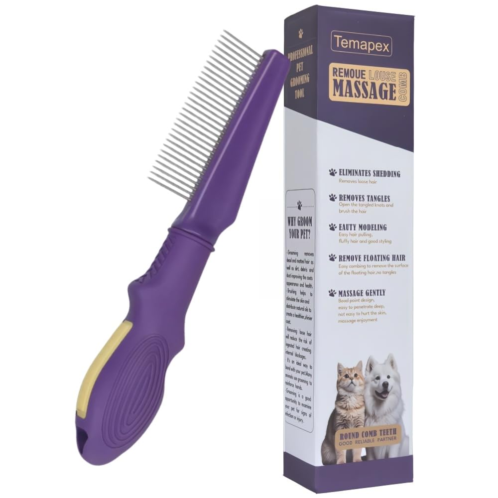 Pet Comb for Grooming Long Haired Cats & Dogs With Stainless Steel Metal Teeth for Shedding and