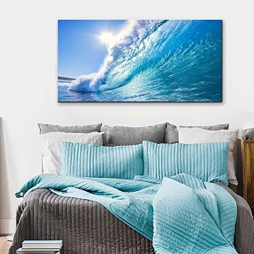 Rolling Ocean Waves Surfing Graphic Canvas Wall Art For Bedroom,Blue Tropical Seascape Artwork