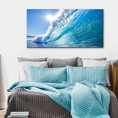 Rolling Ocean Waves Surfing Graphic Canvas Wall Art For Bedroom,Blue Tropical Seascape Artwork
