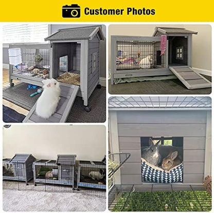 Aivituvin Wooden Rabbit Hutch with Removable Wire Floor Grid, Bunny Cage with Deeper Leakproof Tray