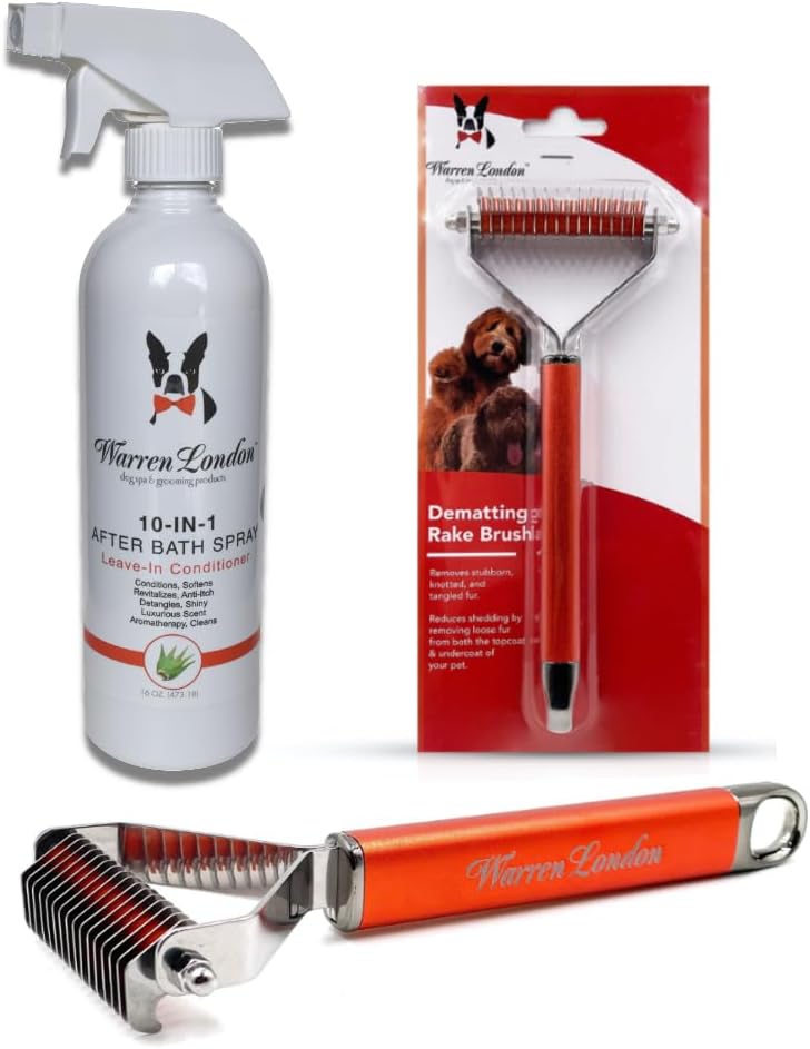 Warren London 10-in-1 Dog Spray & Rake Brush Combo | Detangles, Softens & Reduces Shedding | 16oz