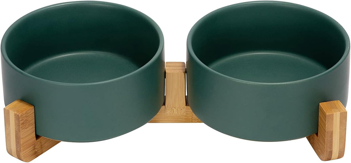 SPUNKYJUNKY Ceramic Dog and Cat Bowl Set with Wooden Stand, Modern Cute Weighted Food Water Set for