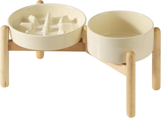 Ceramic Raised Slow Feeder Dog Bowl Set, Elevated 6.1inch Bowl and 7.3inch Slow Pet Food Dish with