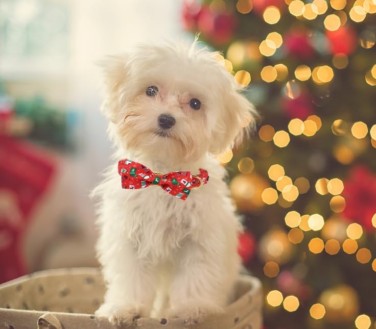 Unique Style Paws Christmas Day Dog Collar with Bow Christmas Tree Cotton Puppy Collars for Small