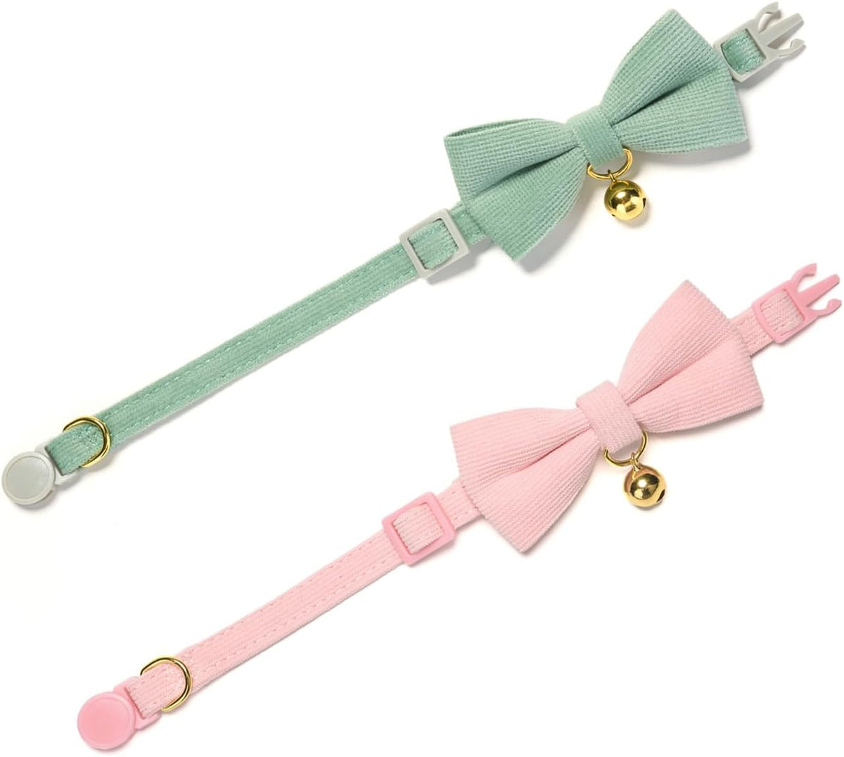 2 Pack Soft Corduroy Cat Collars with Bow Tie & Bell, Adjustable Breakaway Cotton Kitty Bowtie