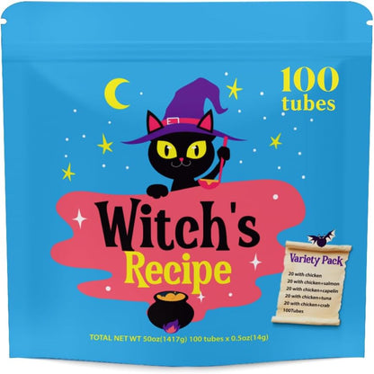 Witch's Recipe Lickable Cat Treats, Creamy Squeezable Puree, Grain-Free, 100 Tubes, Chicken Tuna