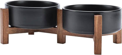 SPUNKYJUNKY Ceramic Dog Bowls with Acacia Wood Stand - Raised Dog Food and Water Bowl Set for Small