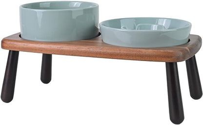 SPUNKYJUNKY Ceramic Elevated Dog Bowls with Slow Feeder Raised with Acacia Bamboo Wooden Stand