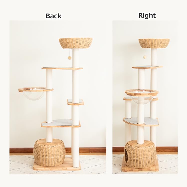 Wooden Cat Tower for Large Cats 63’‘, Modern Multi-Level Condo with Natural Wood, Indoor Cat