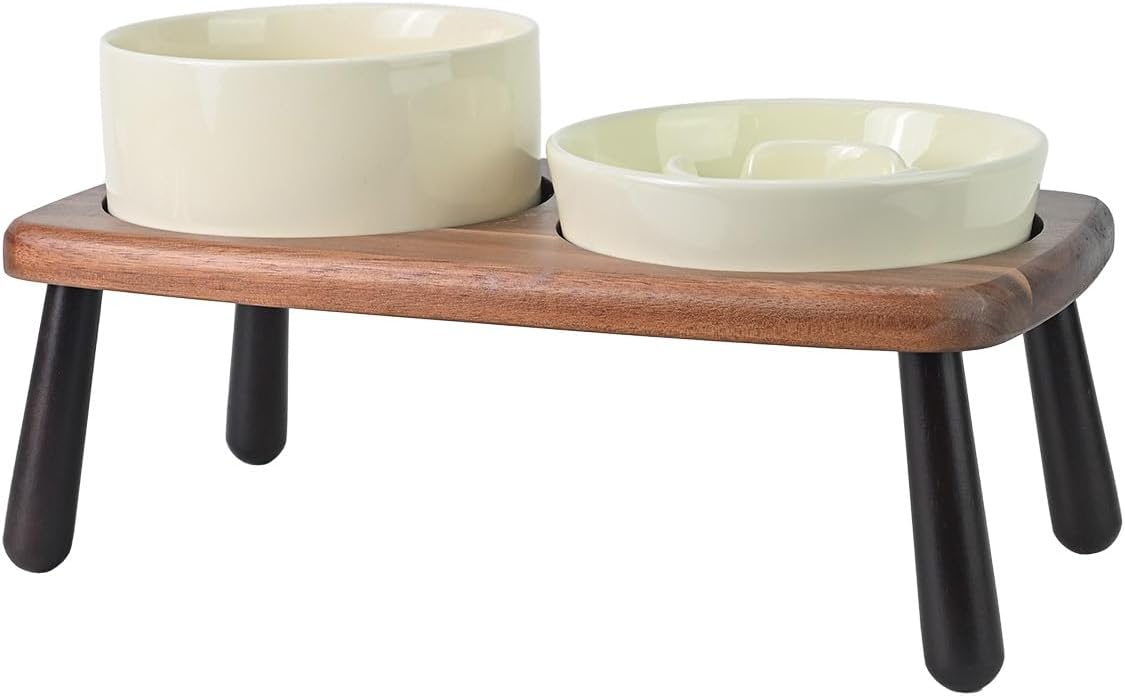 SPUNKYJUNKY Ceramic Elevated Dog Bowls with Slow Feeder Raised with Acacia Bamboo Wooden Stand