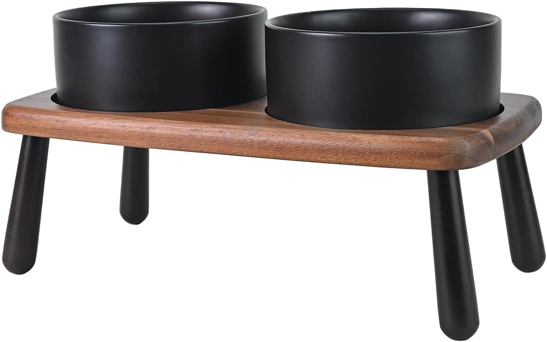 SPUNKYJUNKY Ceramic Elevated Dog Bowls Raised with Acacia Bamboo Wooden Stand, 6.1'' Dog and Cat