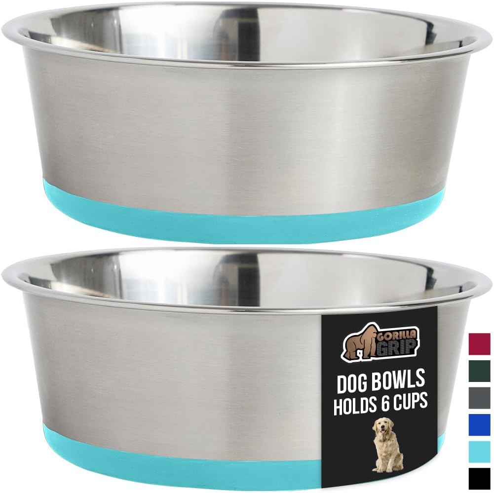 GORILLA GRIP Set of 2 Dog Bowls, Holds 6 Cups (48 fl oz), Heavy Duty Metal Food and Water Bowl for