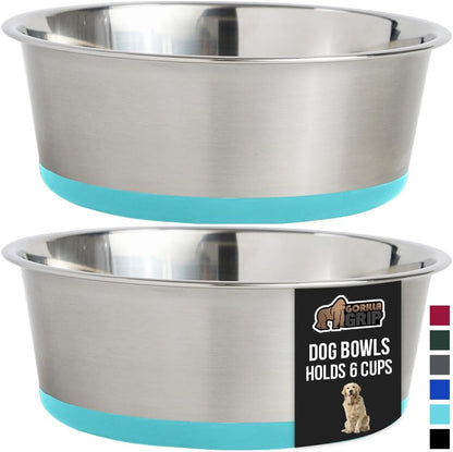 GORILLA GRIP Set of 2 Dog Bowls, Holds 6 Cups (48 fl oz), Heavy Duty Metal Food and Water Bowl for